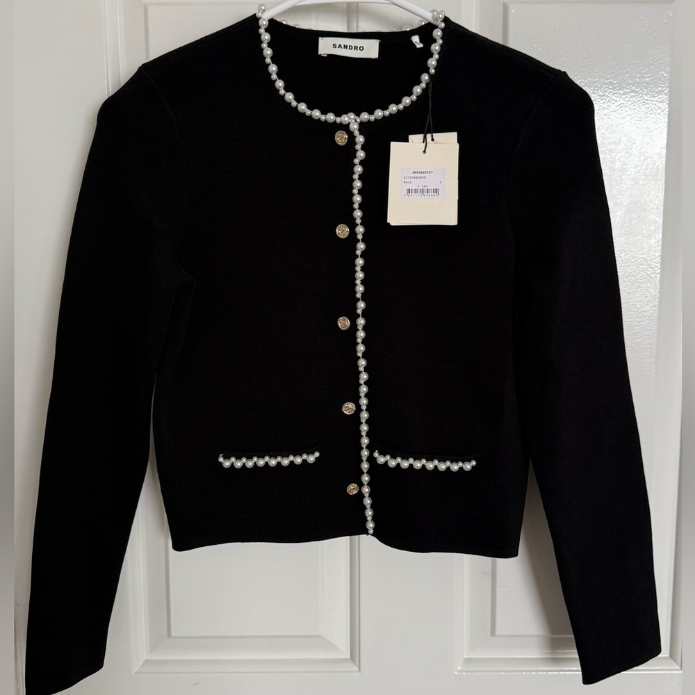 Sandro Elegant Chic Black Top with Pearls